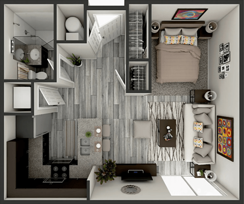 Floor plan for studio, 1 bath, 673 sqft